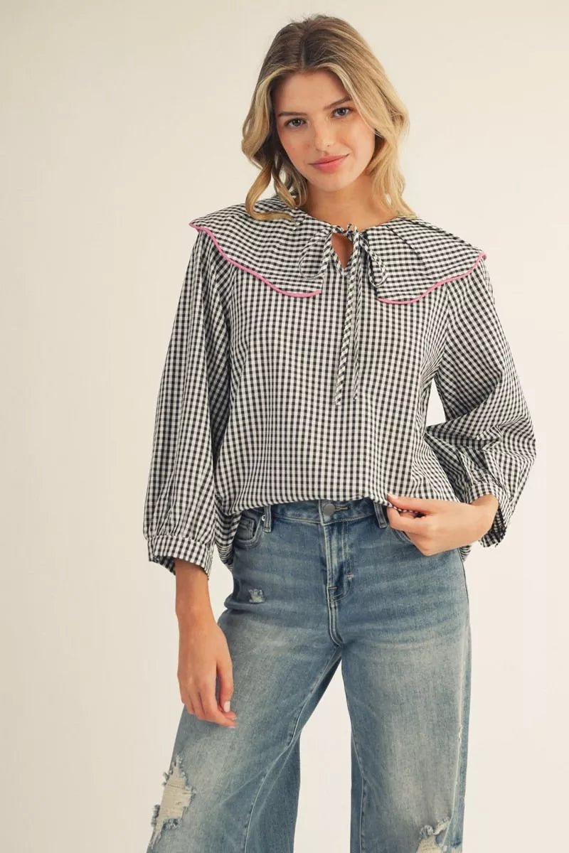 JODIFL 3/4 sleeves wide collar gingham - Black - From Me To You
