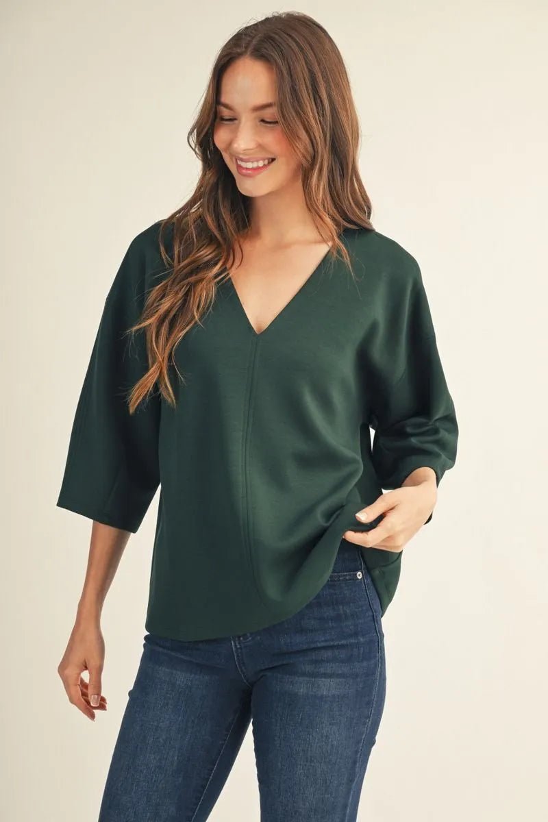 JODIFL-Drop shoulder 3/4 sleeves solid v neck top-Hunter Green - From Me To You