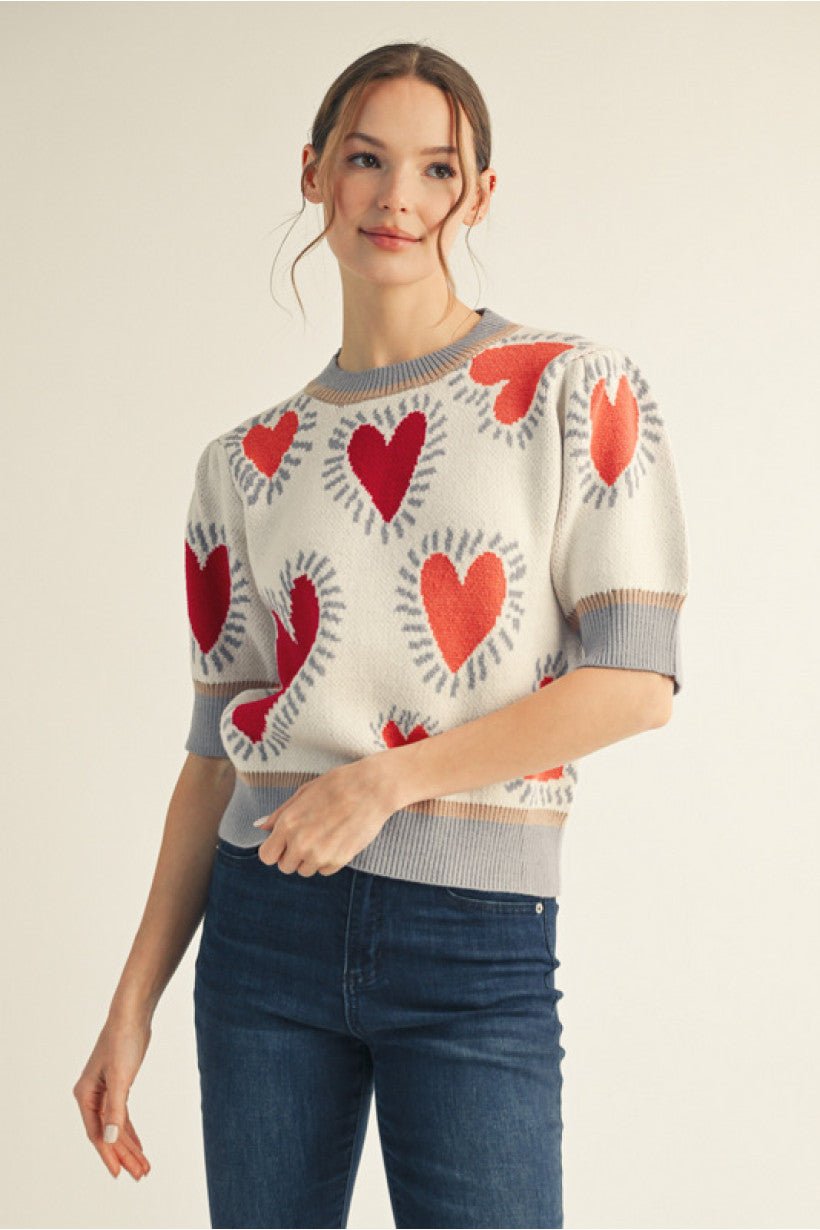 JODIFL H12519 Short puff sleeves lovely heart sweater - Cream - From Me To You