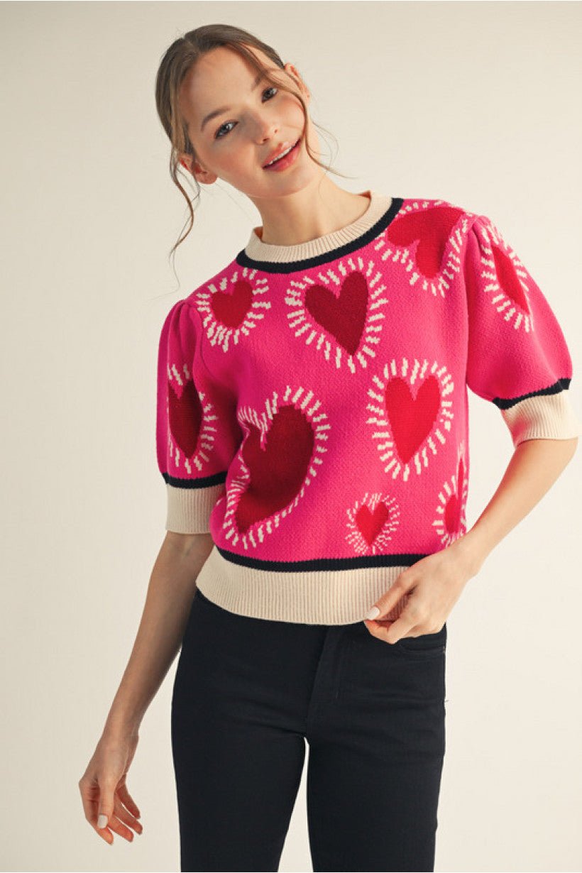 JODIFL H12519 Short puff sleeves lovely heart sweater - Hot Pink - From Me To You