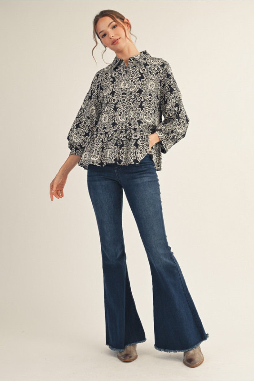 JODIFL H42014 3/4 puff sleeves boho floral peplum top - Black - From Me To You