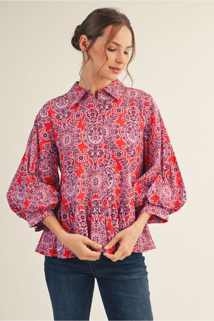 JODIFL H42014 3/4 puff sleeves boho floral peplum top - Red - From Me To You