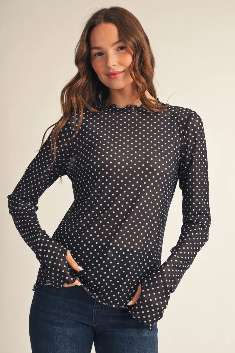 JODIFL-Long Sleeve Black Polka Dot Mesh Top - From Me To You