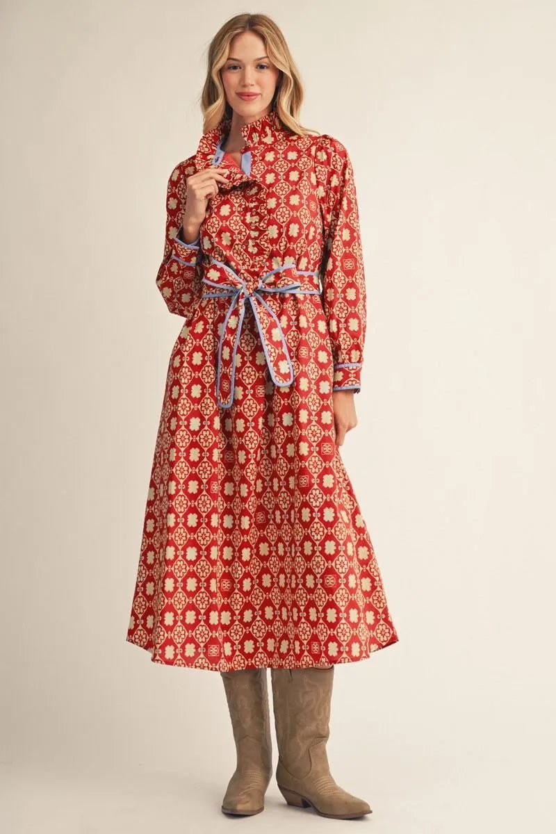 JODIFL- Long Sleeves Front Button Up Geo Floral Midi Dress in Brick - From Me To You