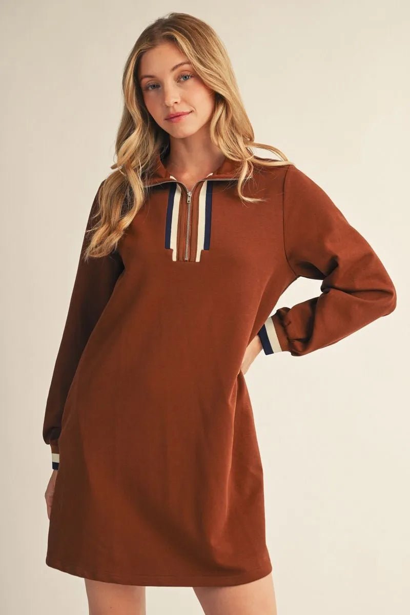 JODIFL-Long sleeves front zip up solid casual dress-Brown - From Me To You
