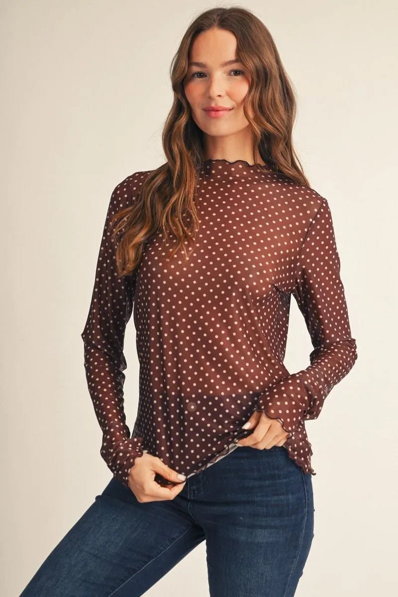 JODIFL-Long thumbhole sleeves polka dot mesh top-Brown - From Me To You