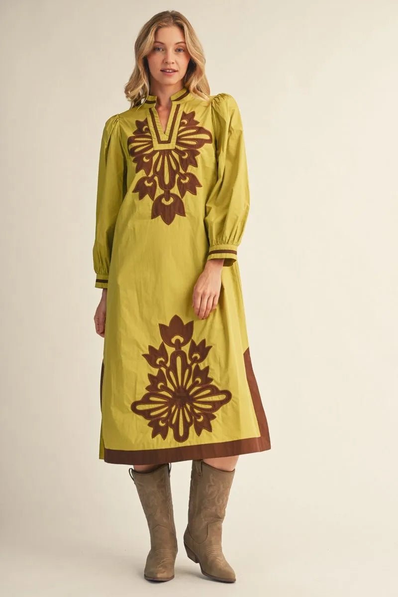 JODIFL- Puff Shoulder Solid Midi Dress with Floral Applique in Chartreuse - From Me To You