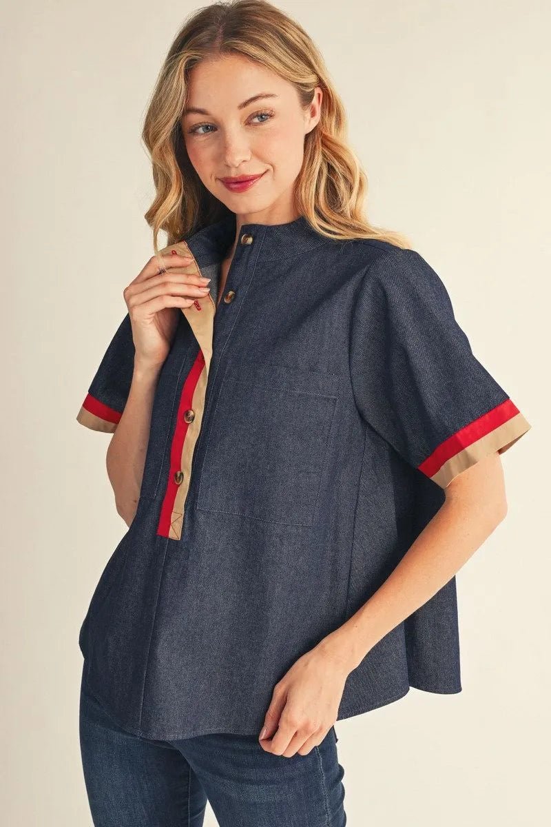 JODIFL-Short sleeves front button up denim top - From Me To You