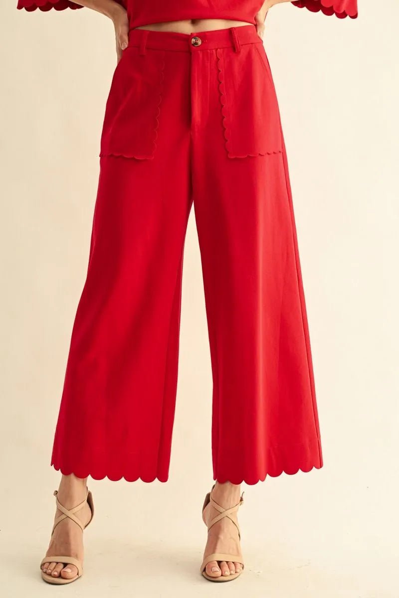 JODIFL-Wide Leg Solid Dressy Pants with scallop edge-Red - From Me To You