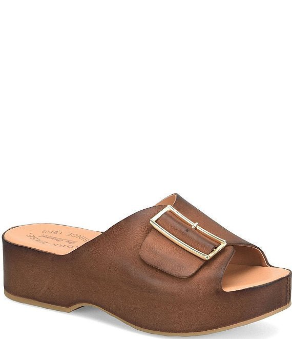 Kork - York Leather Buckle Hardware Platform Slide Sandals - Brown - From Me To You
