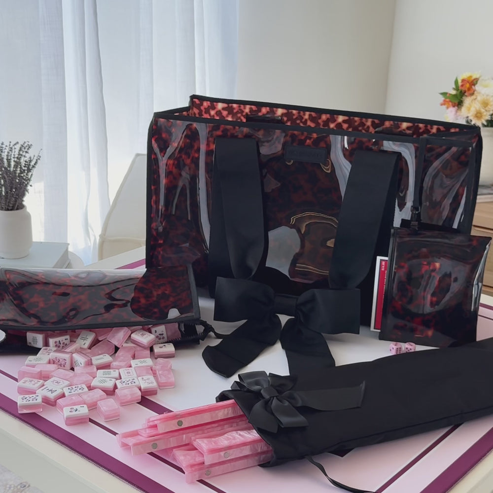 Mahjong Jelly Tote Set, Tortoiseshell Bow | Case-Mate. Clear bag with tortoiseshell lining, pink mahjong tiles & racks.
