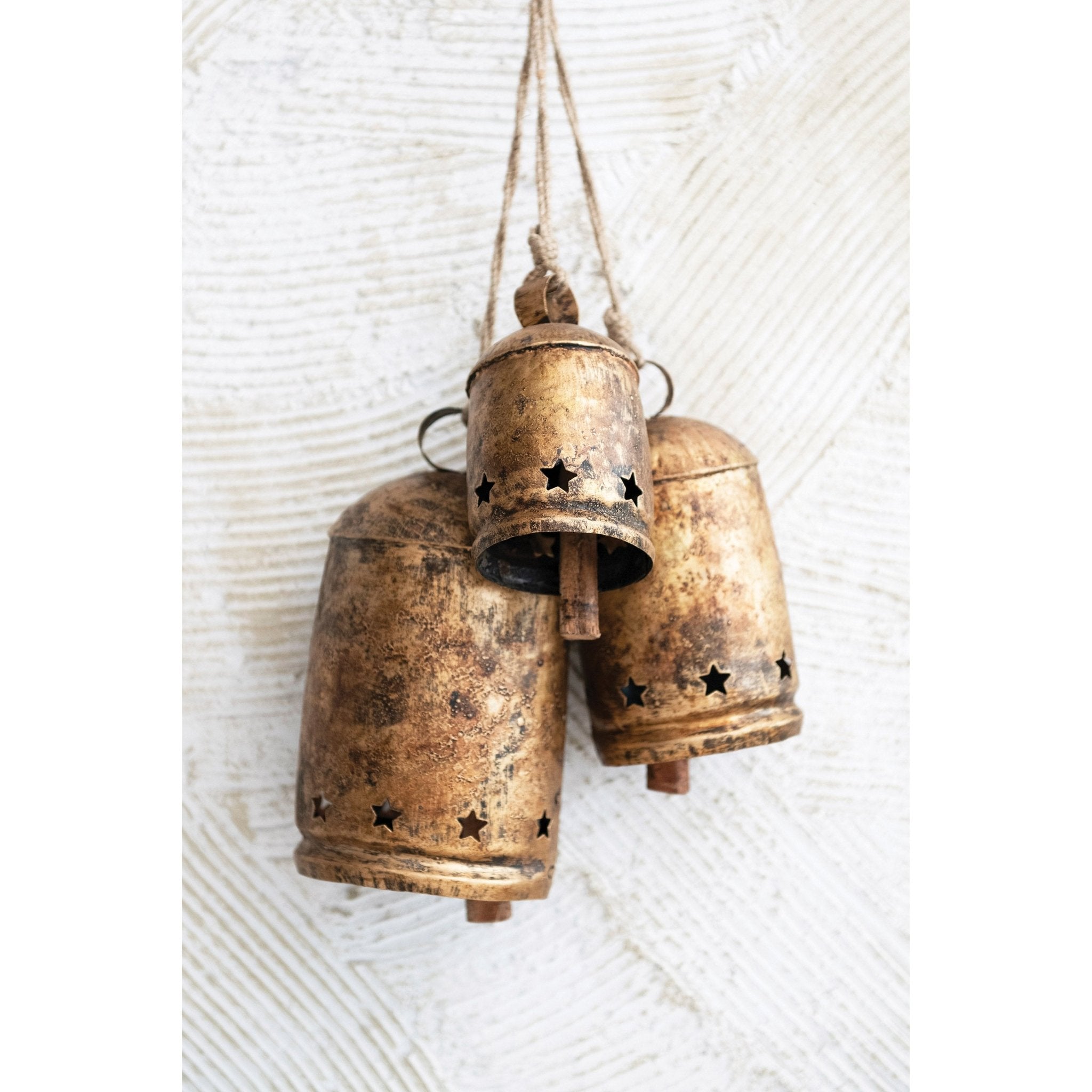 Metal Bell on Jute Rope with Star Cut - Outs, Heavily Distressed Antique Gold Finish - From Me To You