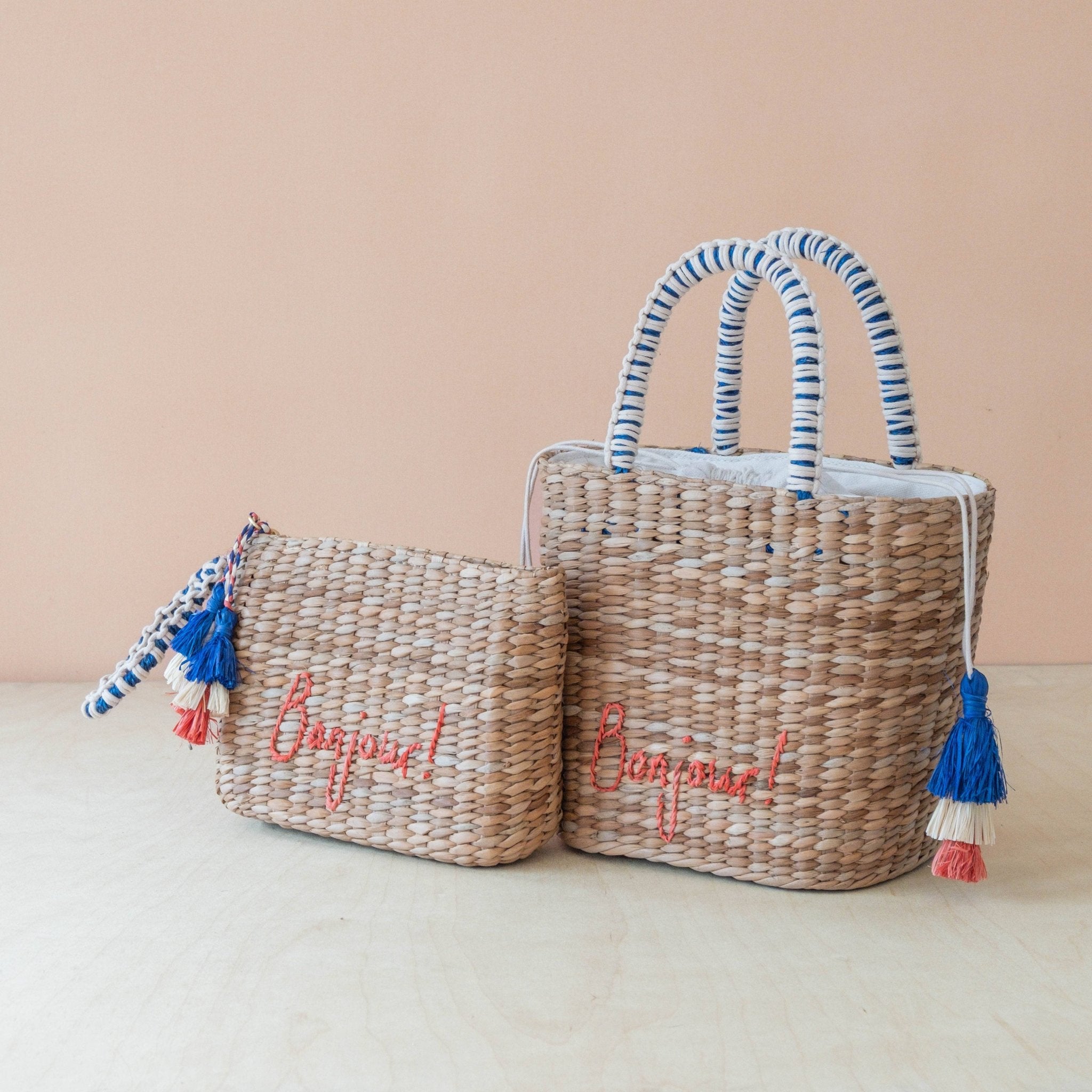 Mini Woven Tote Bag with Embroidered Bonjour – Handwoven Beach Tote | LIKHÂ - From Me To You