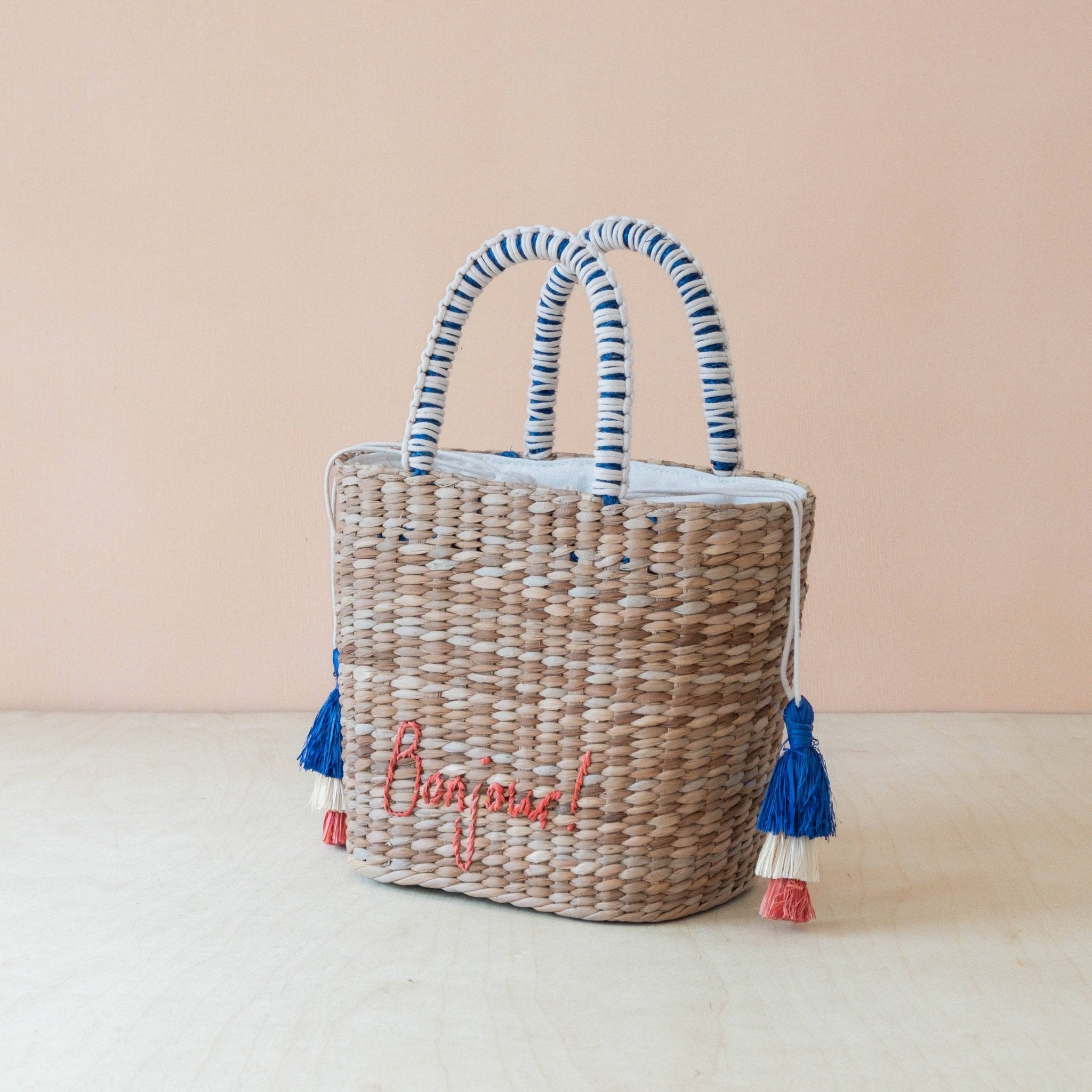 Mini Woven Tote Bag with Embroidered Bonjour – Handwoven Beach Tote | LIKHÂ - From Me To You