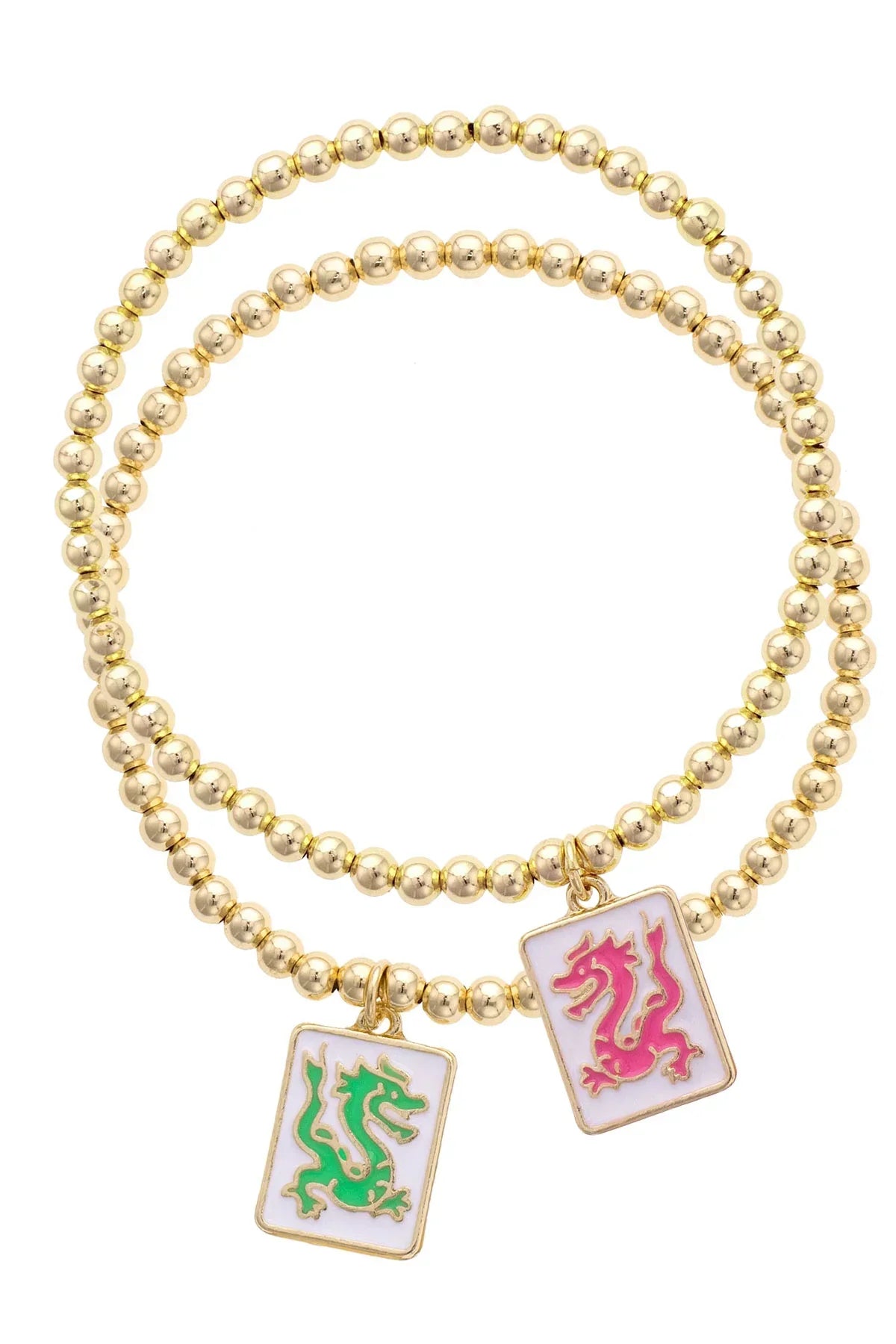 Canvas  [27045B-GD] Pair of Dragons Mahjong Ball Bead Bracelet Set of 2 in Shiny Gold