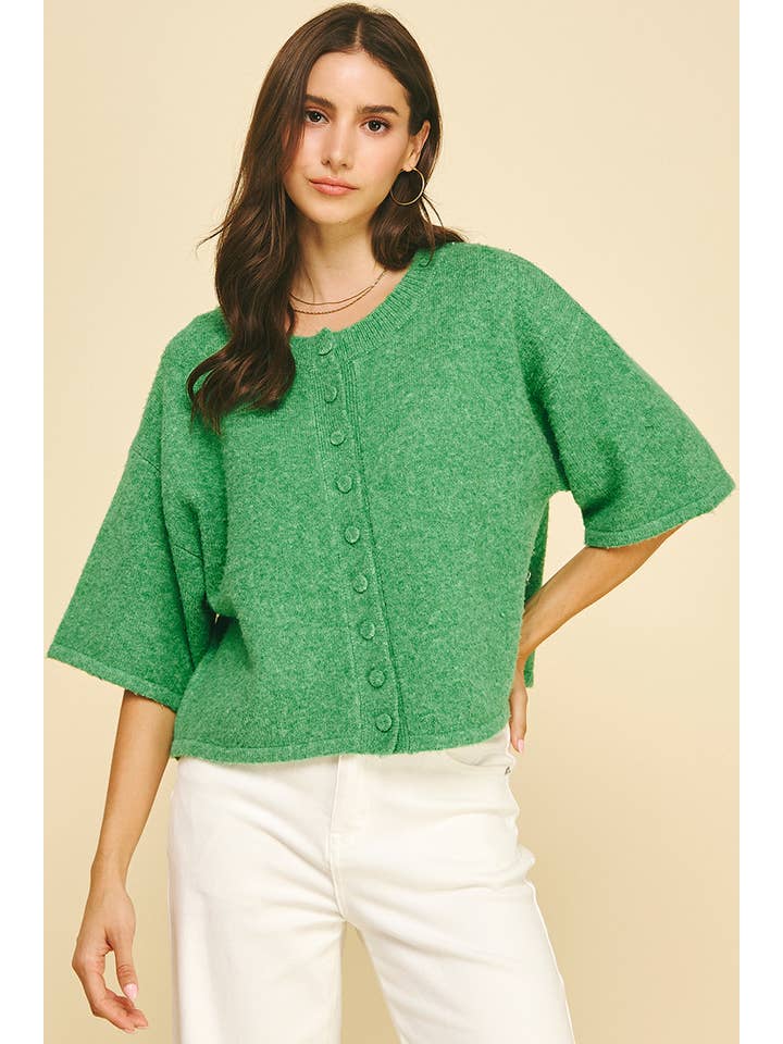 Pinch - Button Down Short Sleeve Sweater - Green - From Me To You