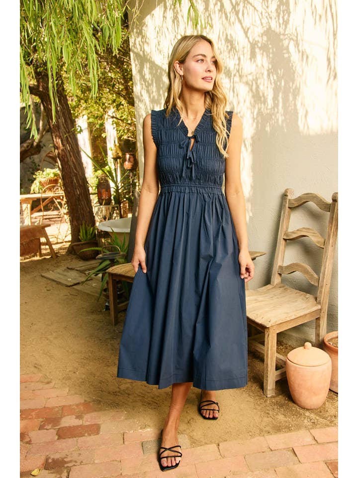 Pinch - Front - Tie Detailed Smocking Midi Dress - Ink - From Me To You