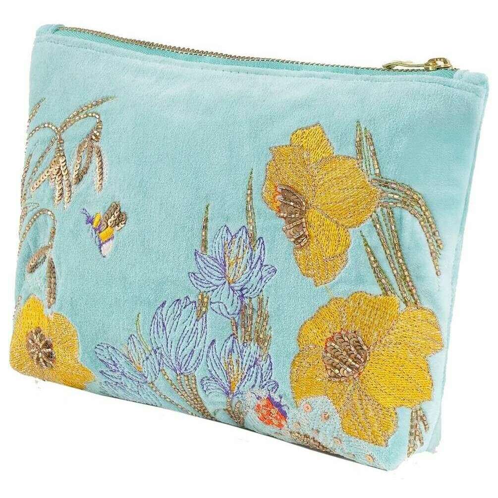 Powder - Mid Size Embroidered Zip Pouch - Wildflower Meadow Yellow/Blue/Beige - From Me To You