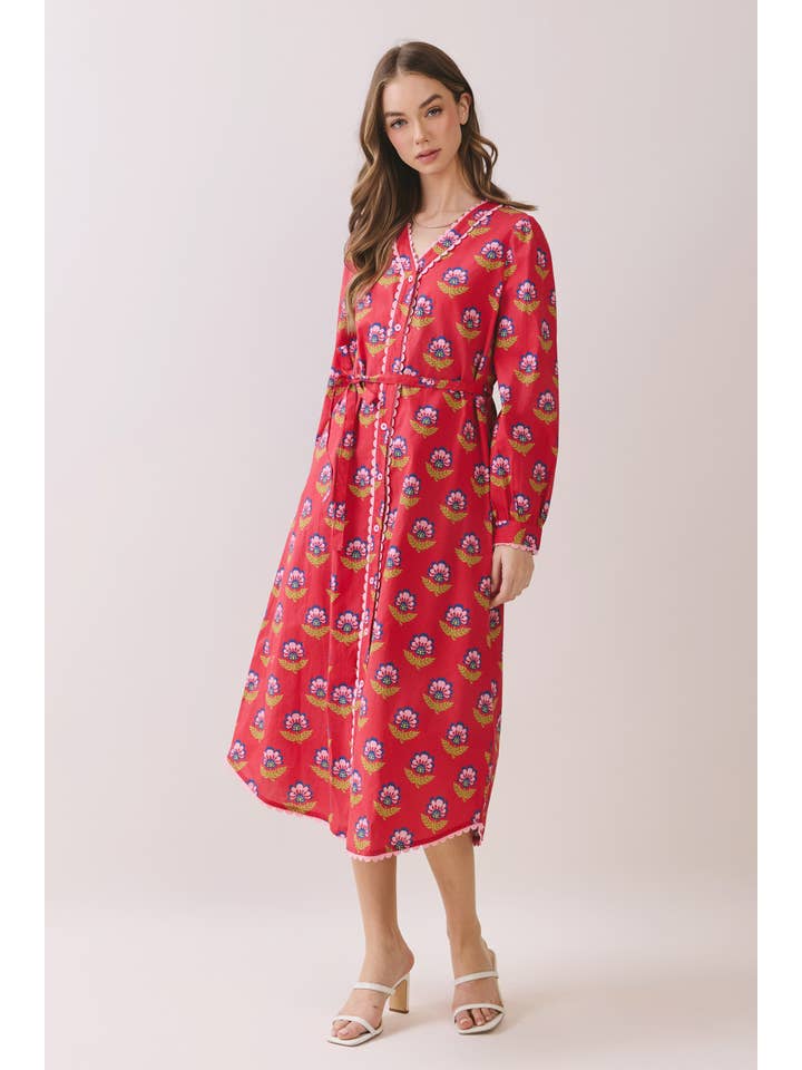 Printed Long Sleeve Button Down Midi Dress - From Me To You