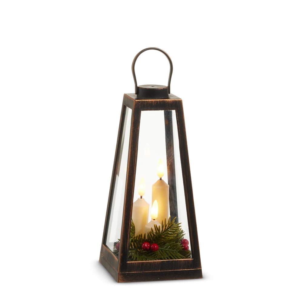 Raz 9.25" Distressed Lantern with Candles and Greenery - From Me To You