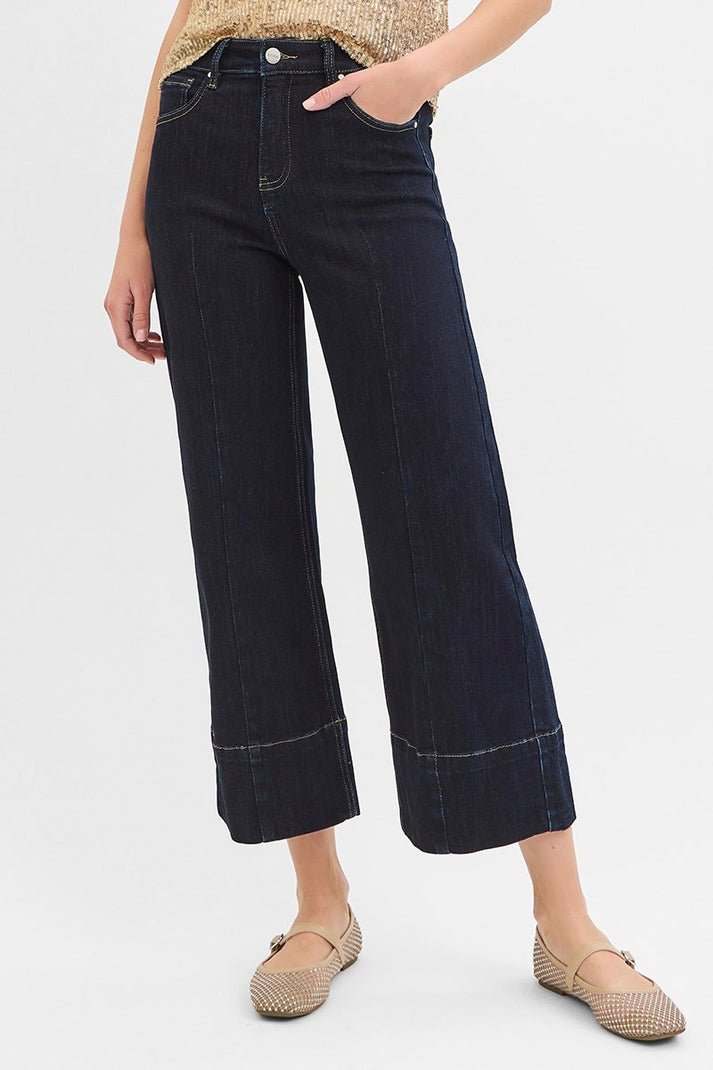 Risen TC High Rise Crop Wide Seam Detailed Jeans-Stretchy-SOLID DARK - From Me To You