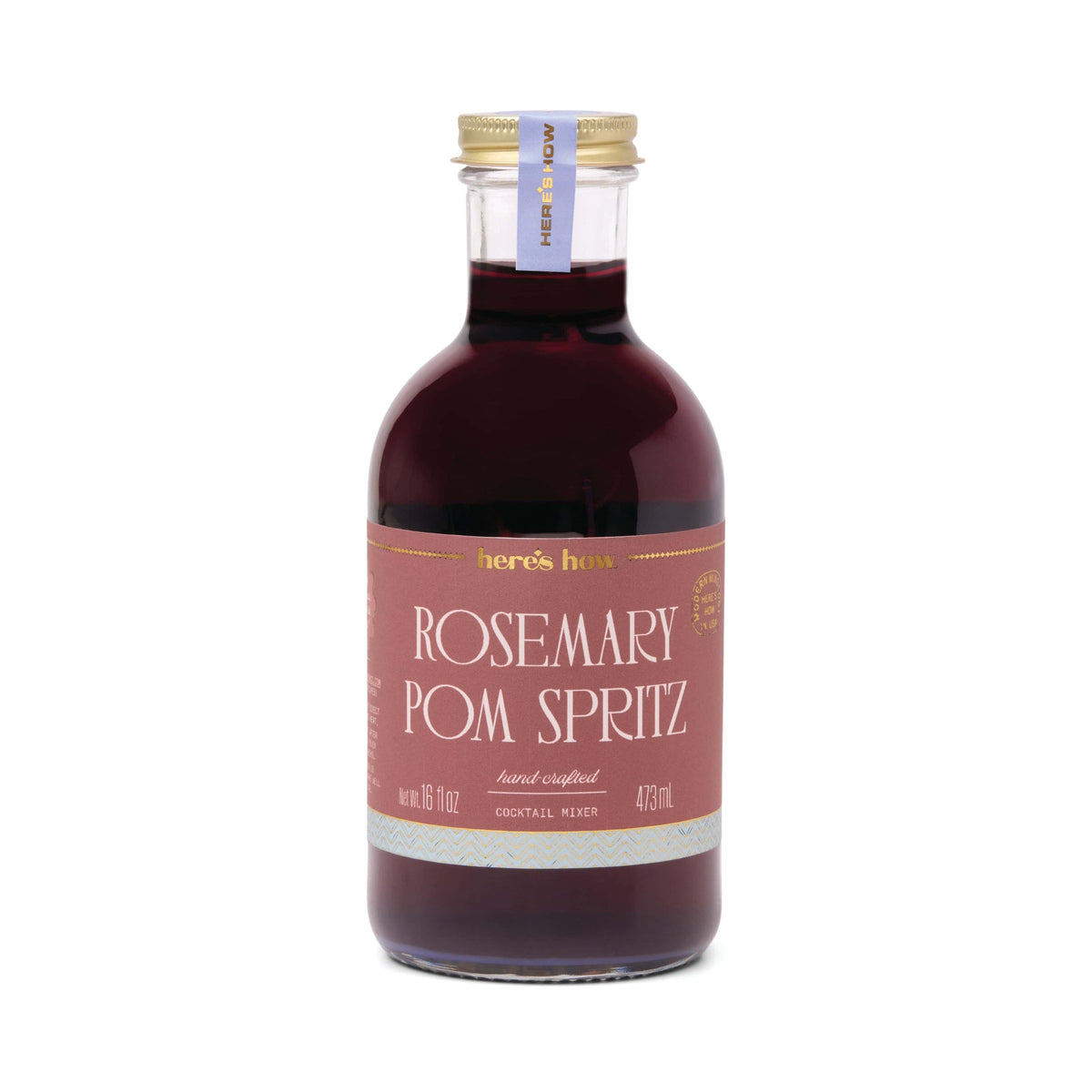 Here's How Rosemary Pom Spritz Cocktail Mixer. Hand-crafted, rich red liquid in a 473ml bottle, isolated on white.