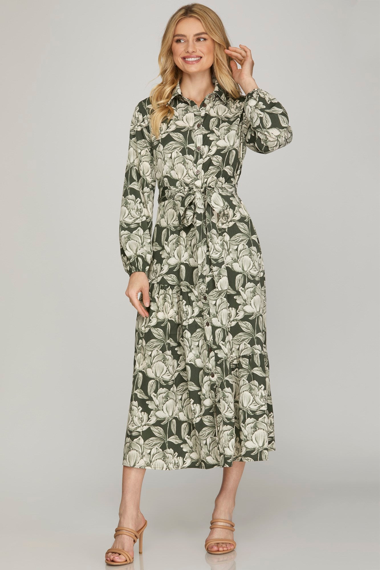 She + Sky Long Sleeve Green Floral Dress - From Me To You