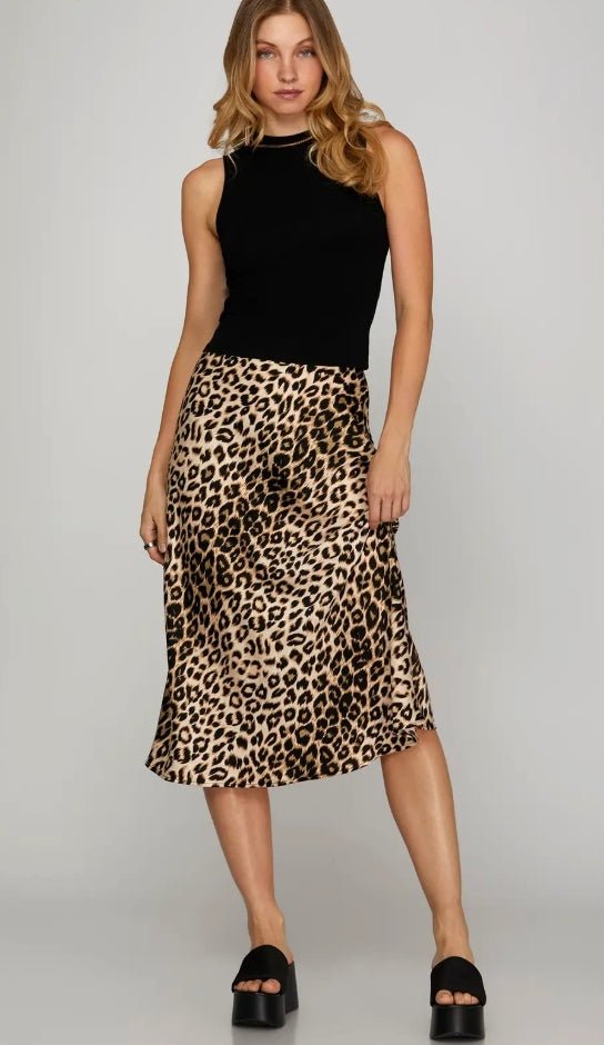 She + Sky PLUS SATIN LEOPARD PRINT A LINE MIDI SKIRT - Mocha - From Me To You