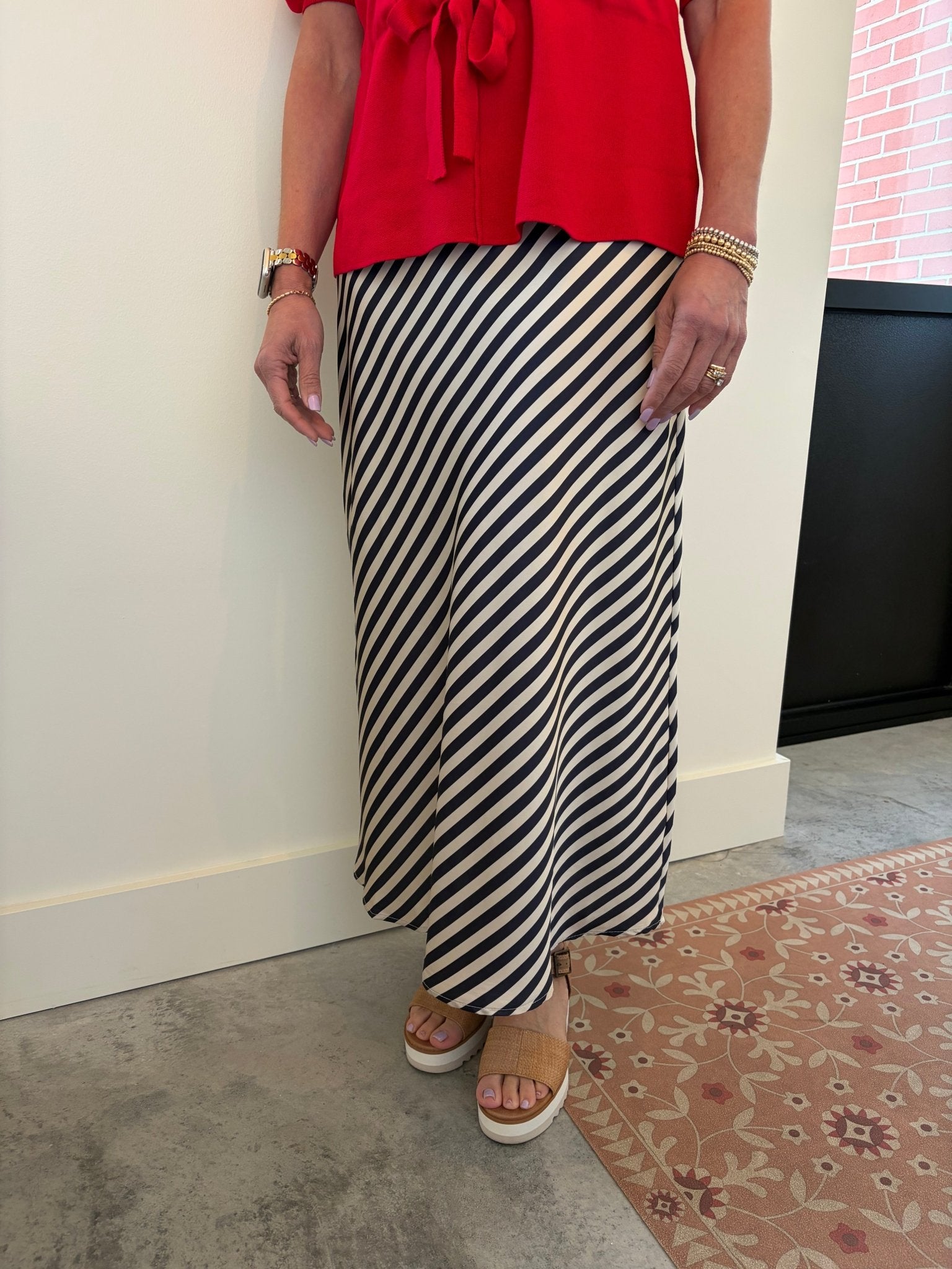 She + Sky PLUS STRIPE SATIN BIAS MIDI SKIRT - Taupe/BLK - From Me To You