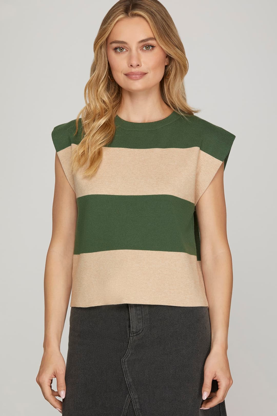 She + Sky Sleeveless Striped Sweater in Olive - From Me To You