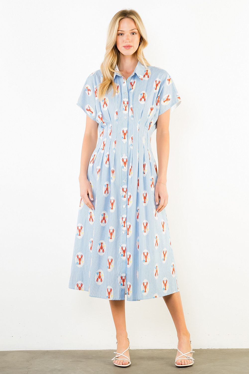 Short Sleeve Lobster Print Stripe Dress - From Me To You
