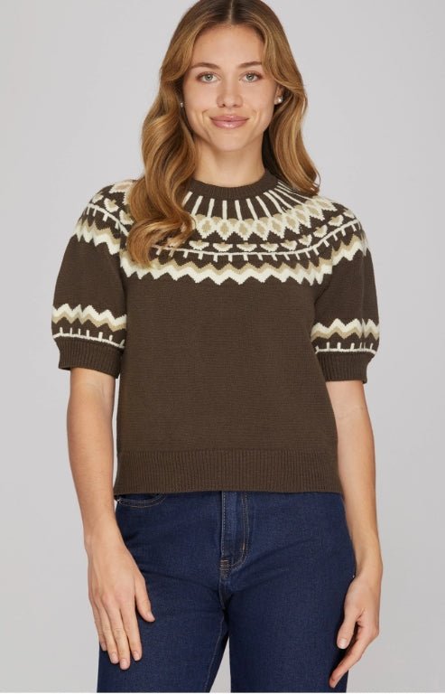 SHORT SLEEVE NORDIC PATTERN SWEATER-Brown - From Me To You
