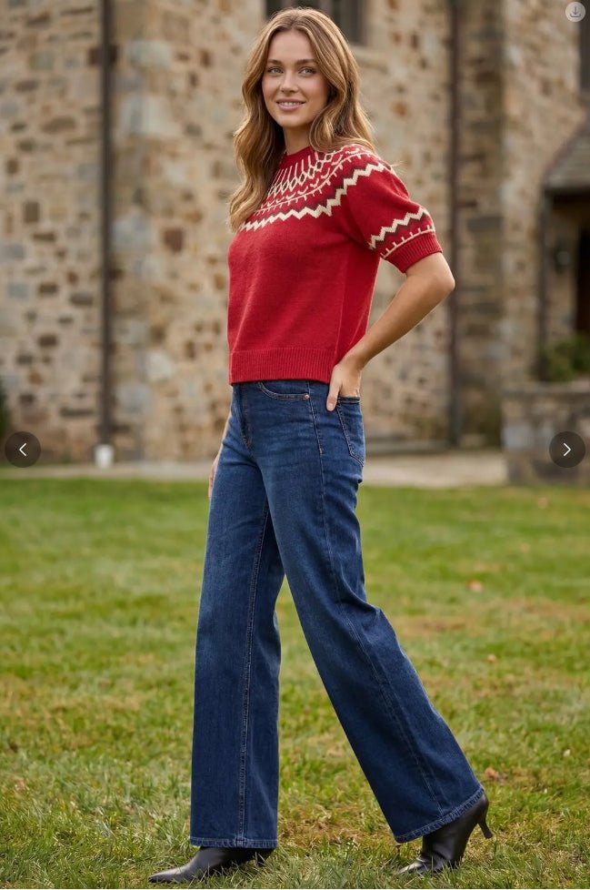 SHORT SLEEVE NORDIC PATTERN SWEATER-Red - From Me To You