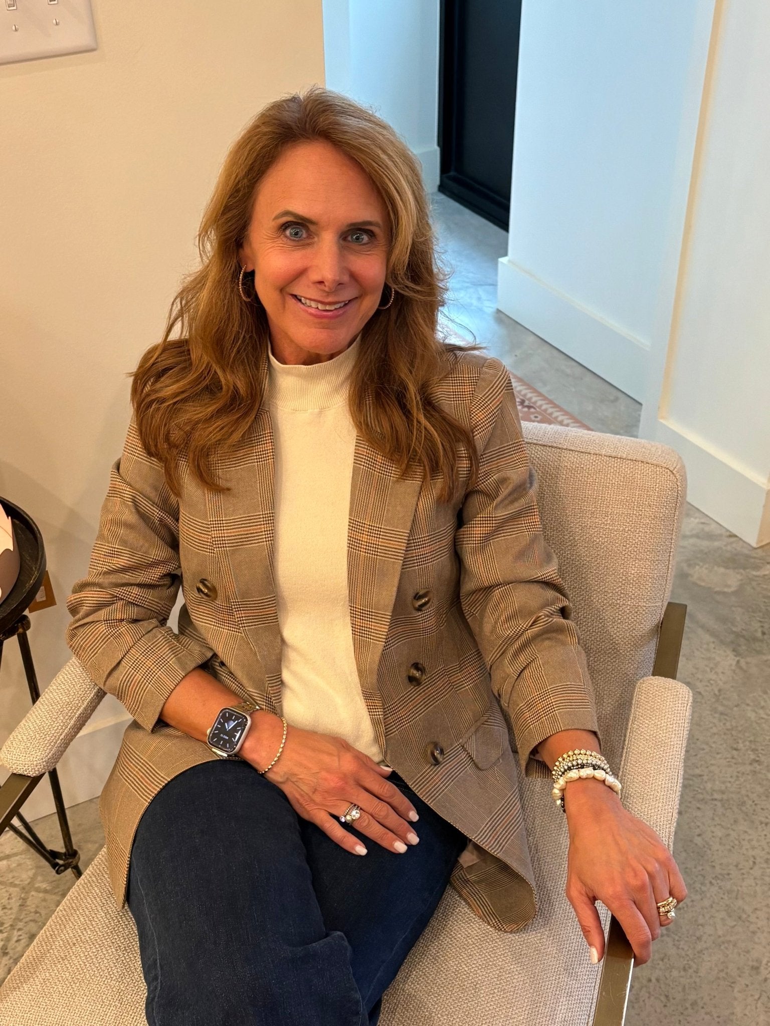 Skies are Blue Ruched Shirred Sleeve Blazer - Brown Plaid - From Me To You