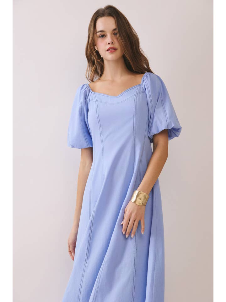 Square Neck Puff Sleeve Smocked Back Midi Dress - Blue - From Me To You