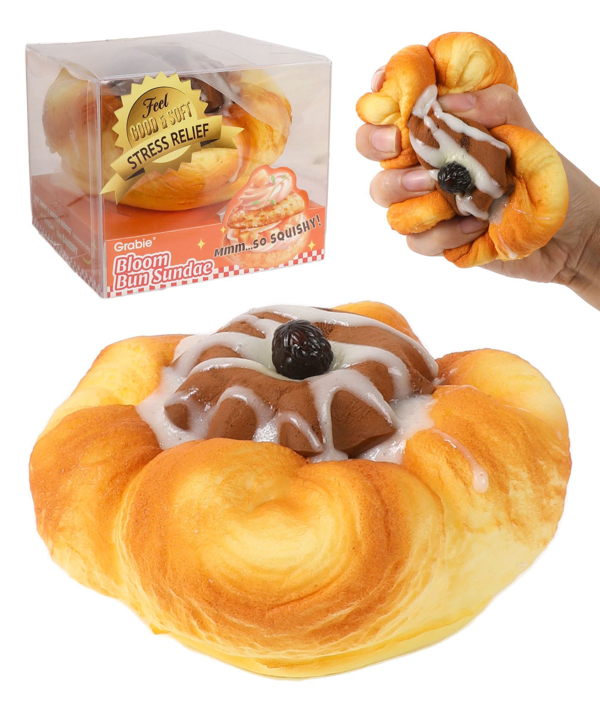 Grabie Bloom Bun Sundae squishy toy, soft & squishy for stress relief. Image shows toy in box, squeezed by hand, and close-up.