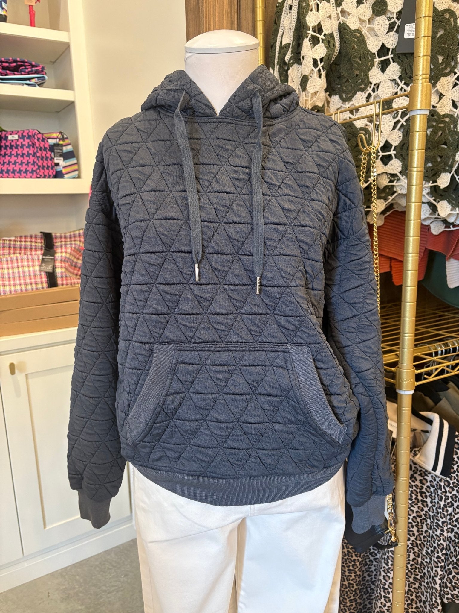 Staccato Quilted Knit Pullover Hoodie - Charcoal - From Me To You
