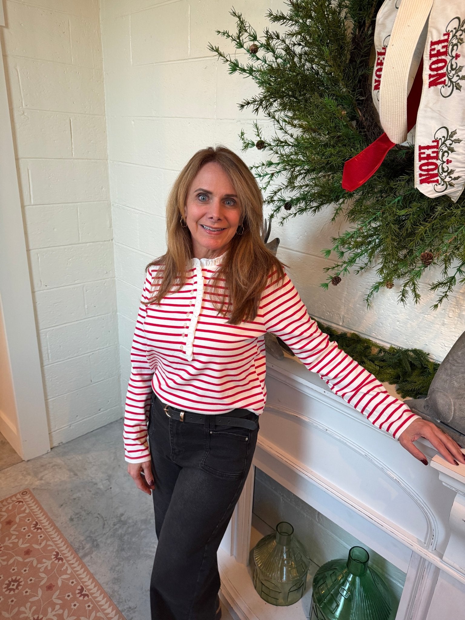 Staccato STRIPE, RUFFLE NECK COLLAR, BUTTON FRONT - Red - From Me To You