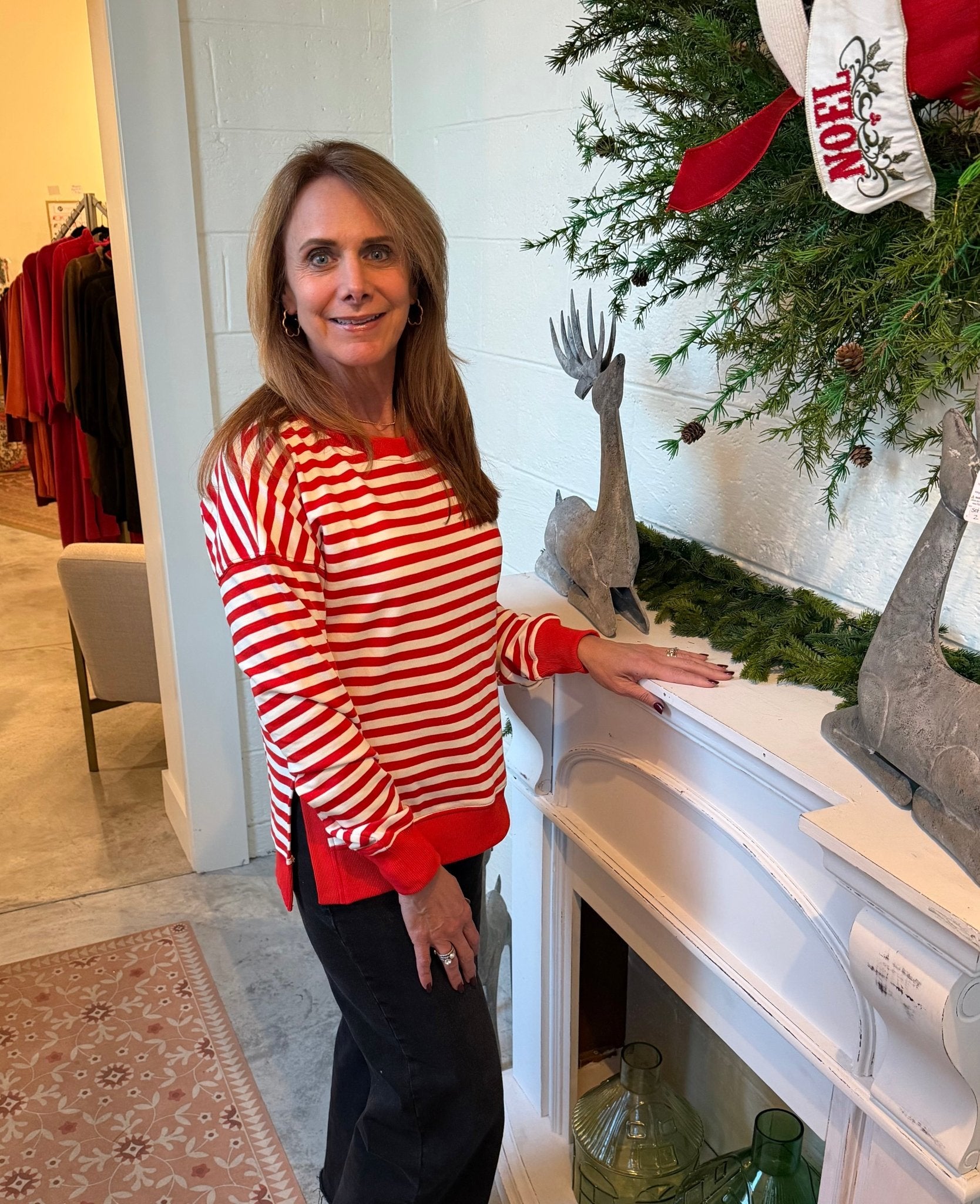 Staccato STRIPE,CREW NECK,SIDE SPLIT HEM, RELAXED FIT PULLOVER - Red - From Me To You