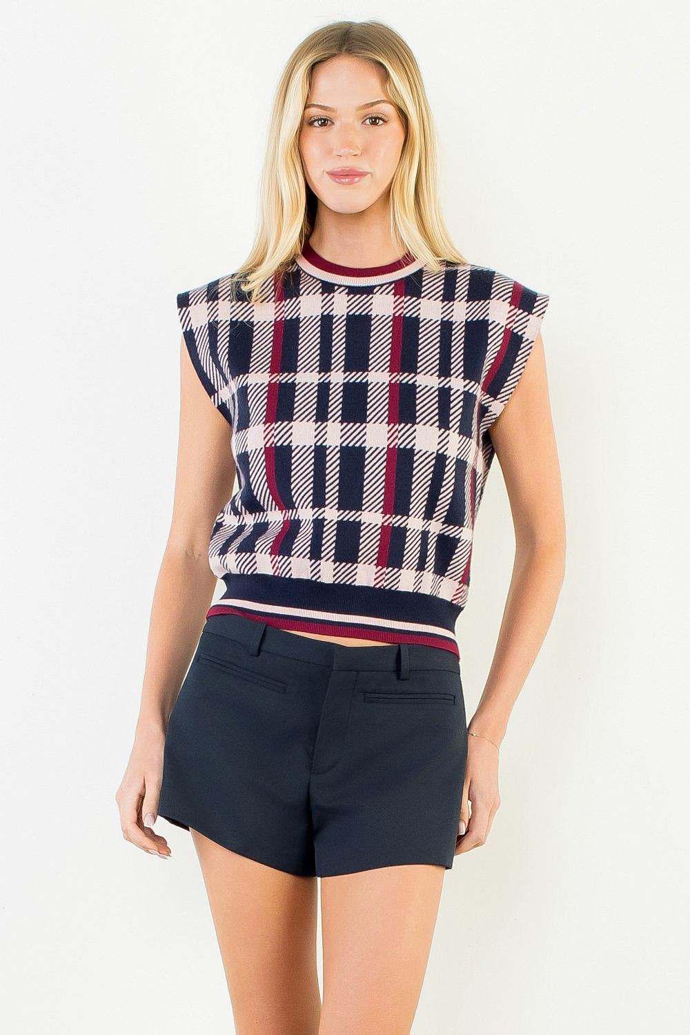 THML Navy and Wine Plaid Knit Sweater Vest - From Me To You