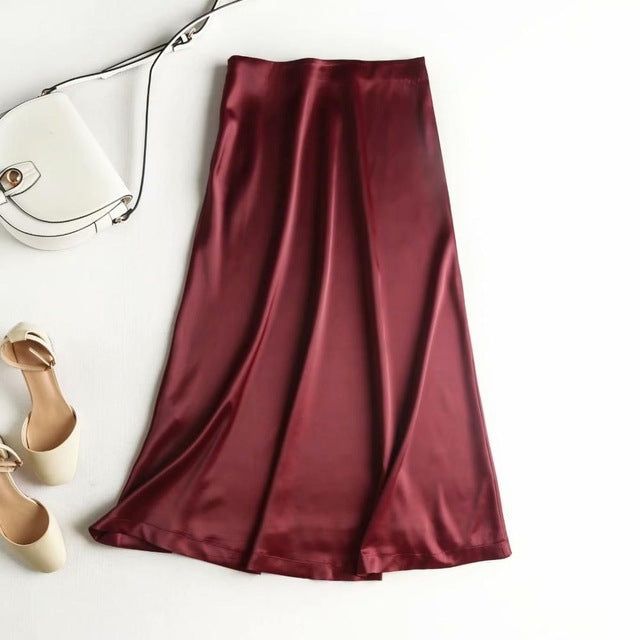 THML Shiny Satin Skirt-Burgandy - From Me To You