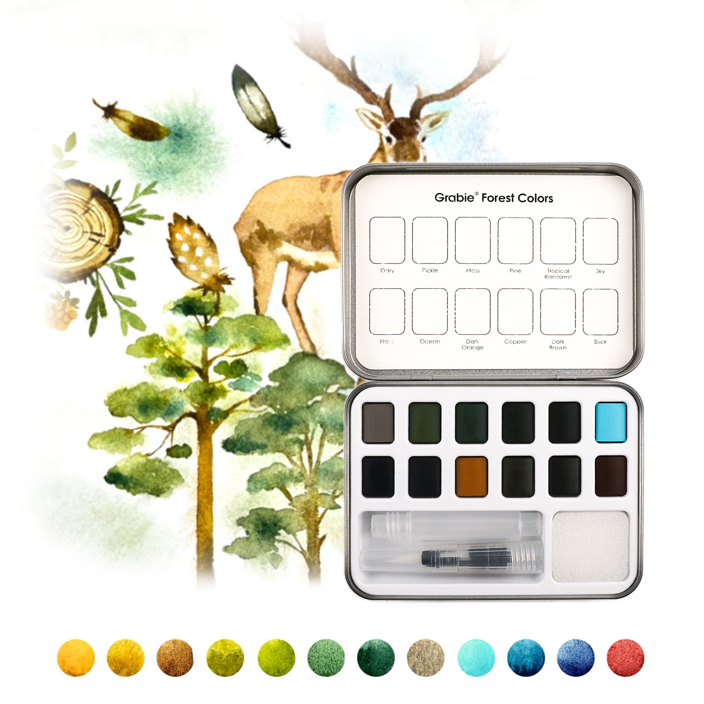 Watercolor Pocket Set Of 12 With Brush - Forest Color - From Me To You