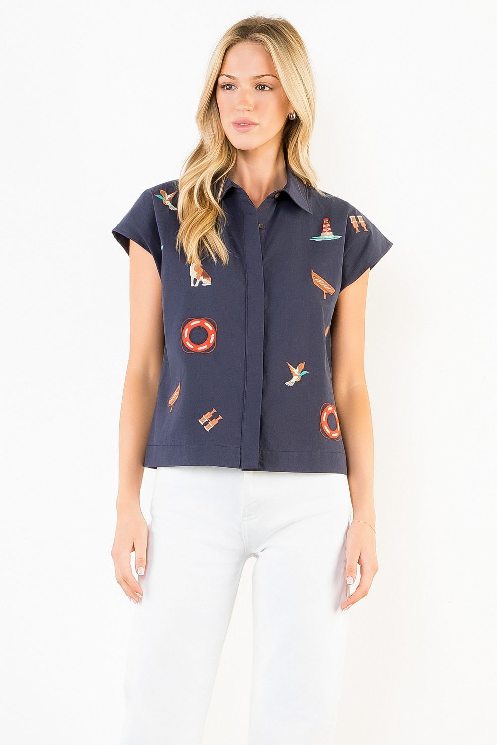 Short Sleeve Button Up Sailing Top-Navy