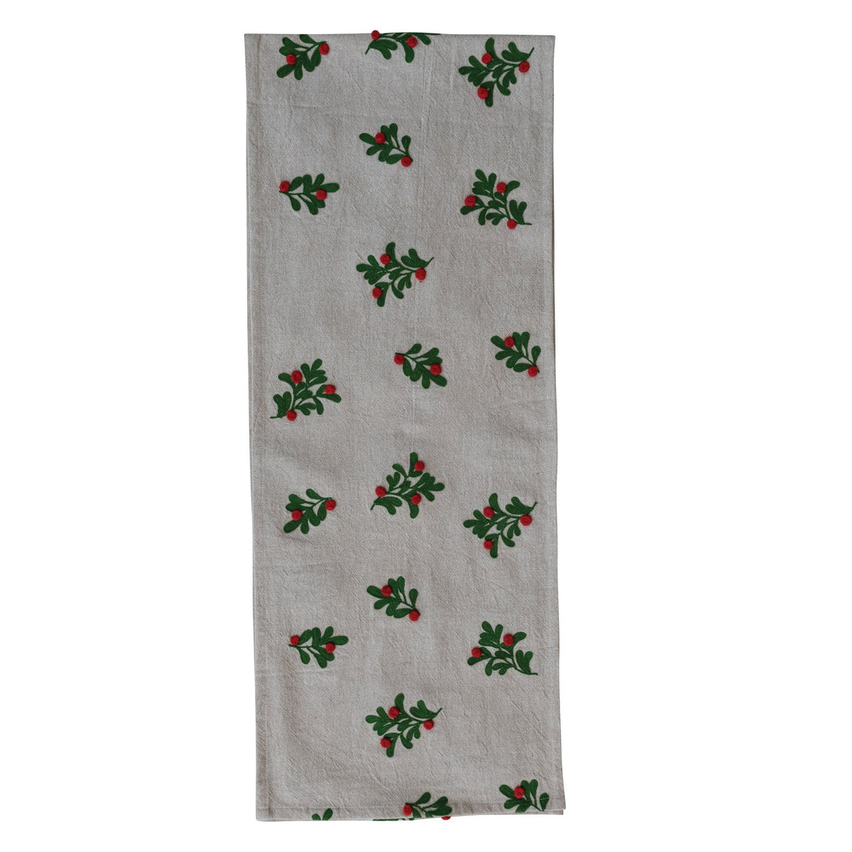 Creative Co-op Table Runner with Embroidered Mistletoe Pattern & Pom Poms, Natural