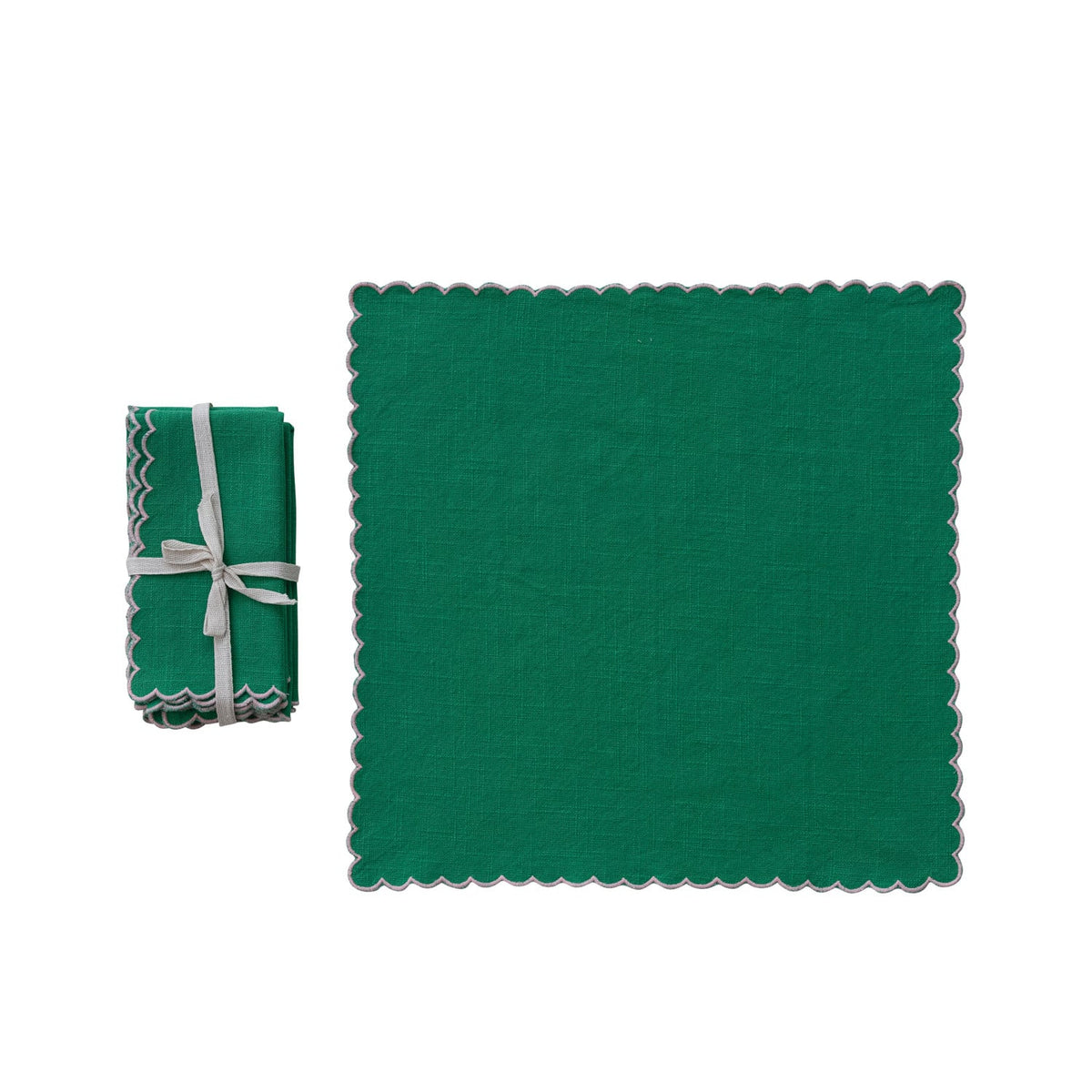 Creative Co-op Cotton Scalloped Napkins with Contrasting Stitched Edges, Set of 4, Green & White