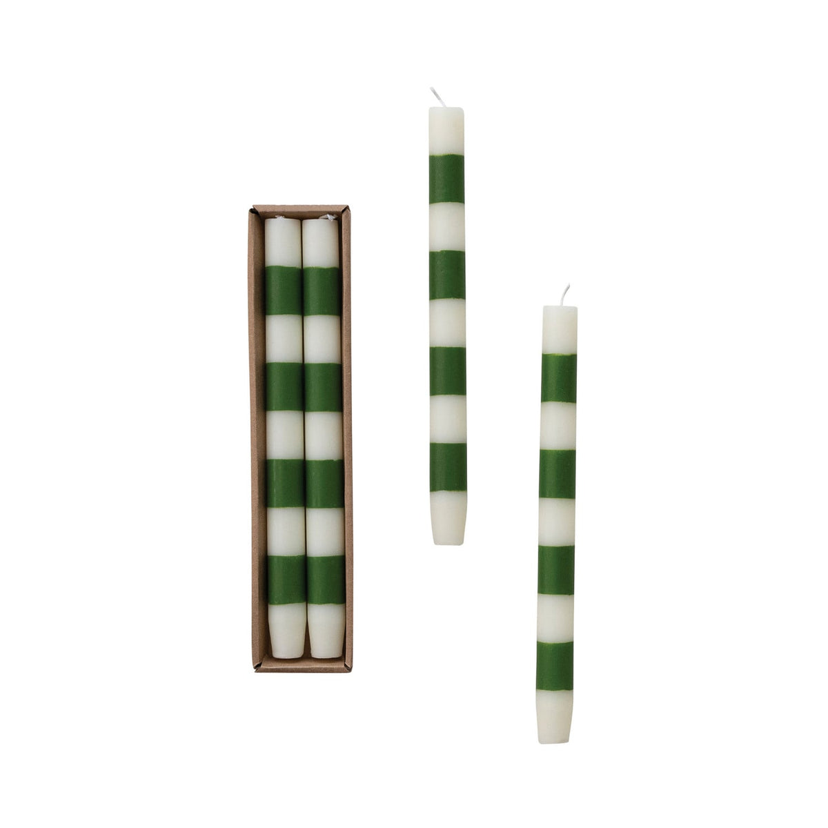 Creative Co-op Unscented Taper Candles with Stripes in Box & Green, Set of 2