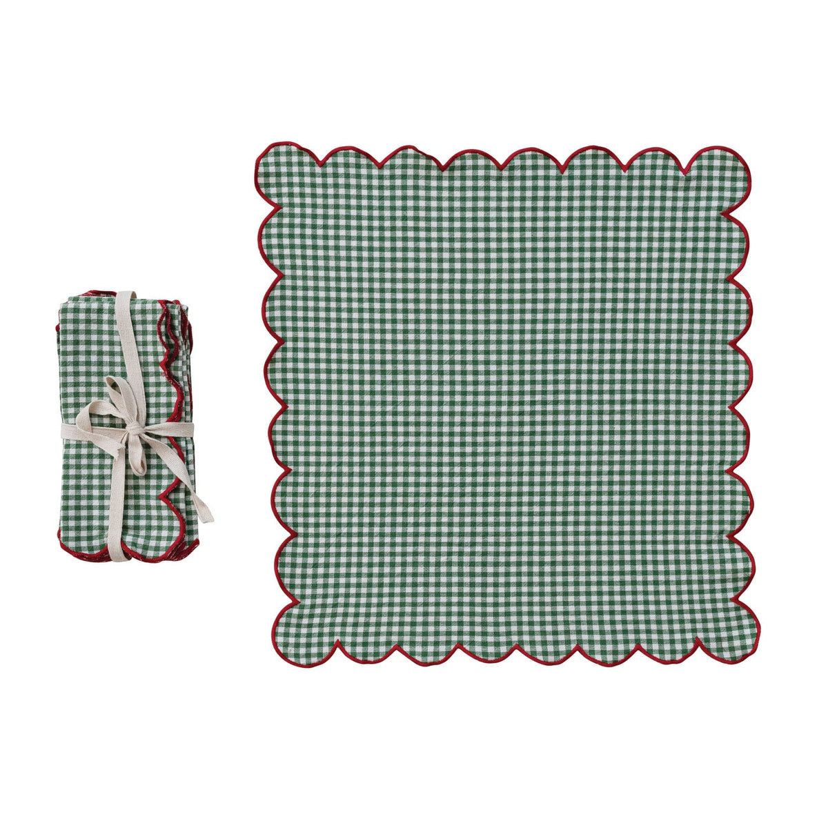 Creative Co-op Cotton Scalloped Napkins & Contrasting Stitched Edge, Set of 4 Tied with Cotton Tape