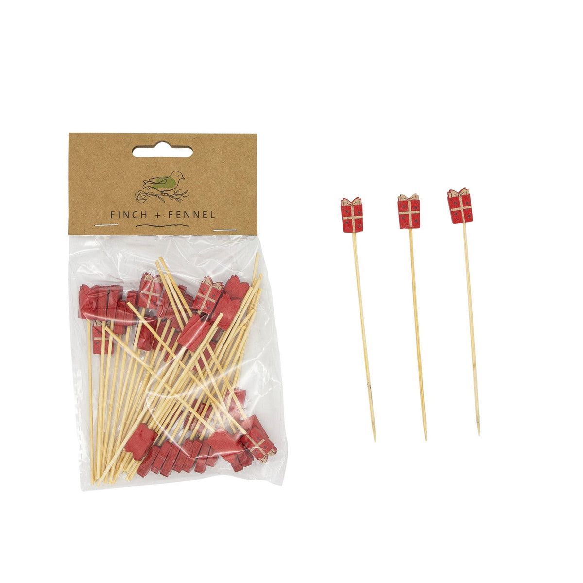 S/50 Bamboo Single Use Picks W Gift Shaped Handles
